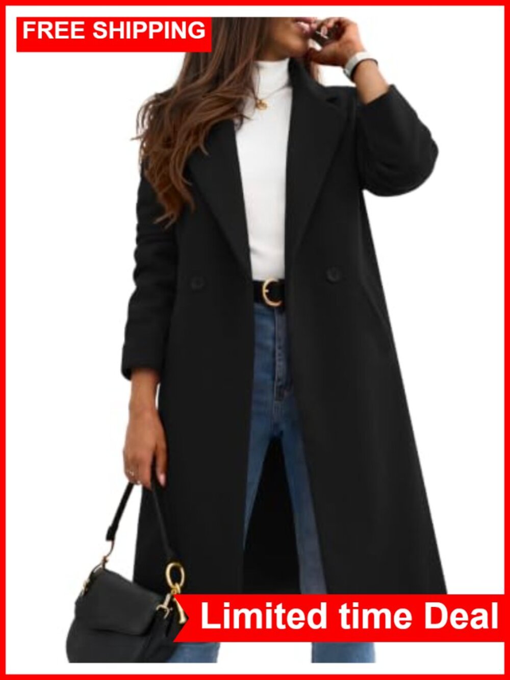 Women's Wool Blend Peacoat Notch Lapel Mid Length Winter Coat